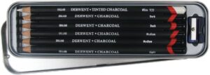 Derwent six charcoal pencils with sharpener in open tin