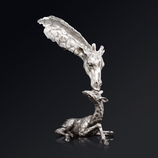 Mother and Baby Giraffe silver nickel sculpture